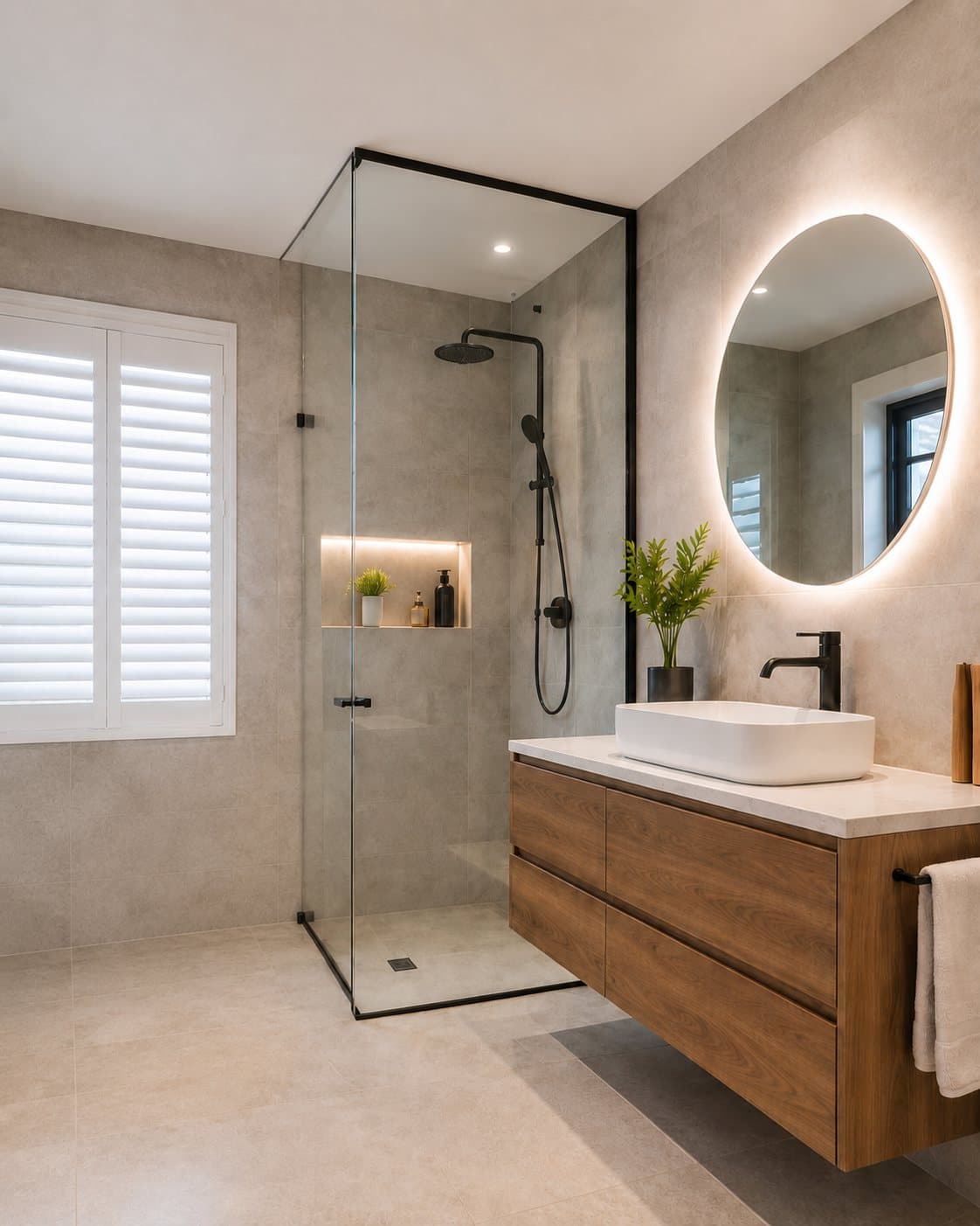 Modern bathroom renovation with walk-in shower and timber vanity